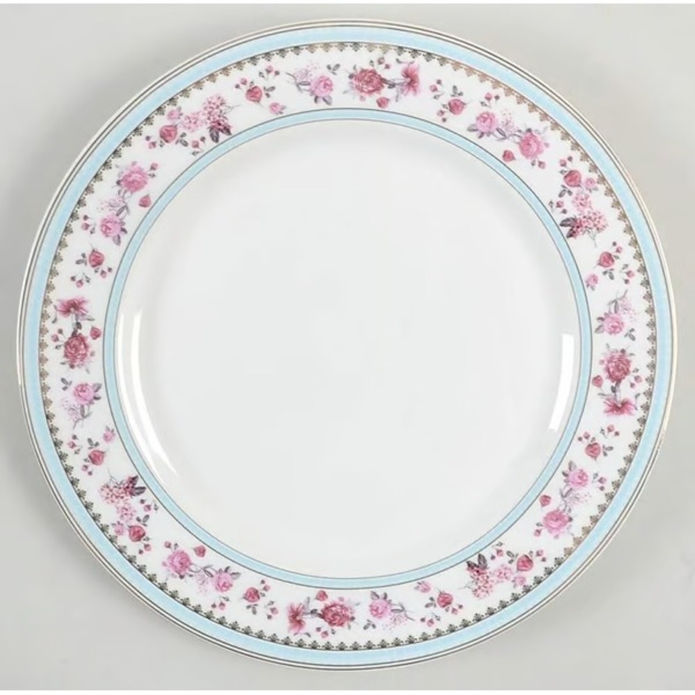 Grace's Teaware Pink Rose Floral Blue Gold Trim Dinner Plates Set 4 Cottagecore